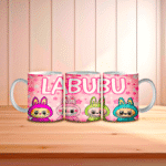 Κούπα με σχέδιο Labubu και καρτουνίστικες φιγούρες σε ροζ φόντο