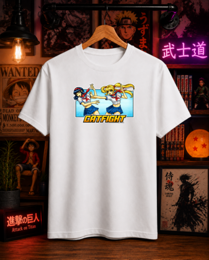 T-Shirt Anime Cat Fight Λευκό